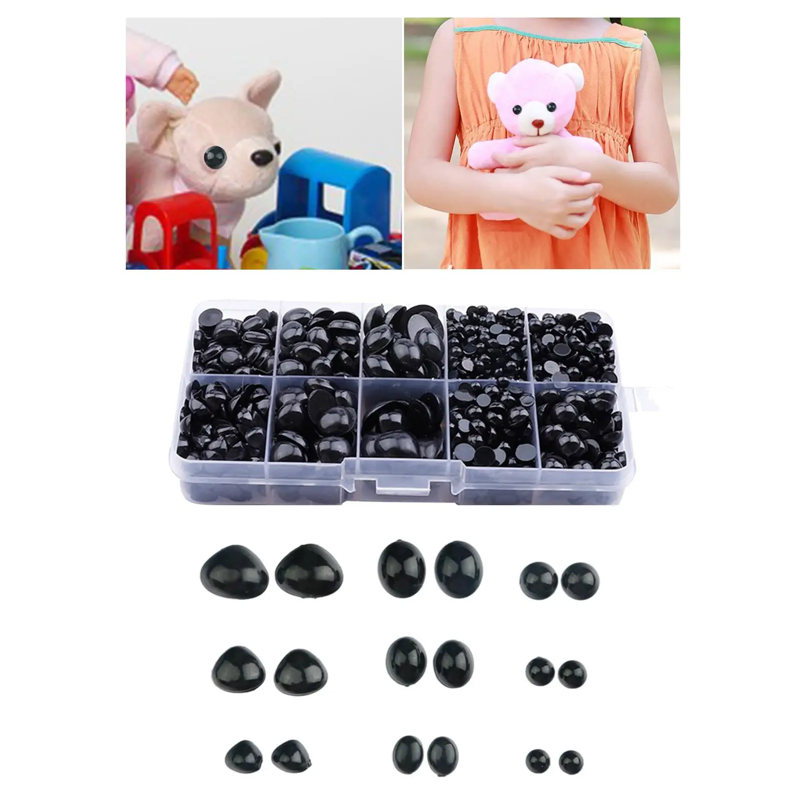 Craft Doll Eyes 1000Pcs Black Plastic Safety Eyes and Noses DIY Crafts Half Round Cabochons Flat Bottomed Eyes Craft Doll for Bear Puppet