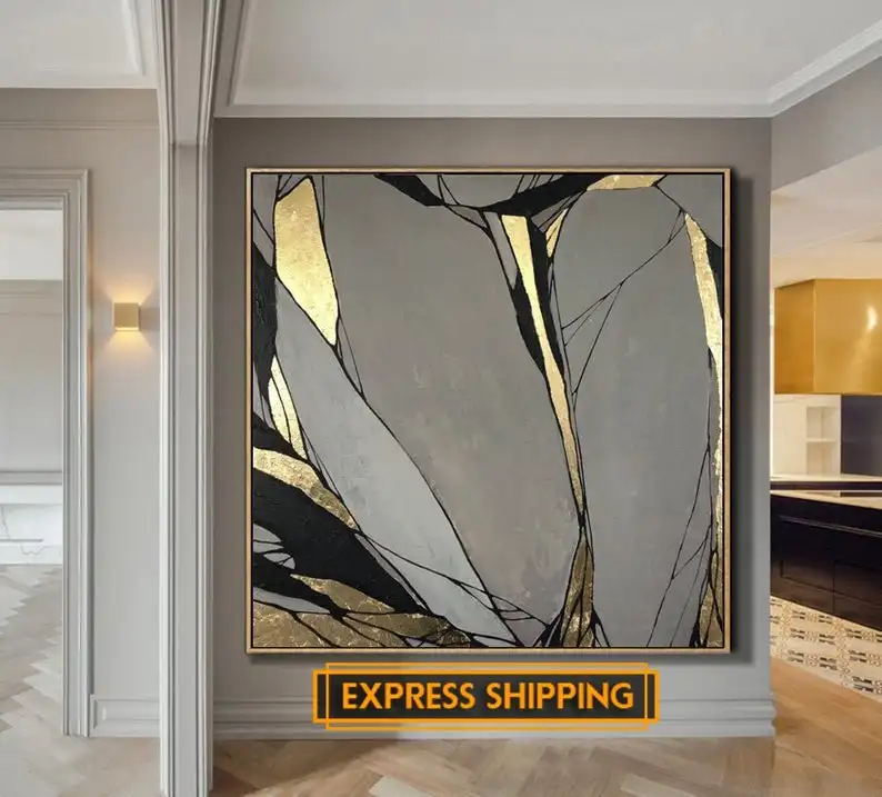 

Abstract Painting Original Large Gold Leaf Painting Gray Painting Texture Art Abstract Acrylic Painting On Canvas Living Room