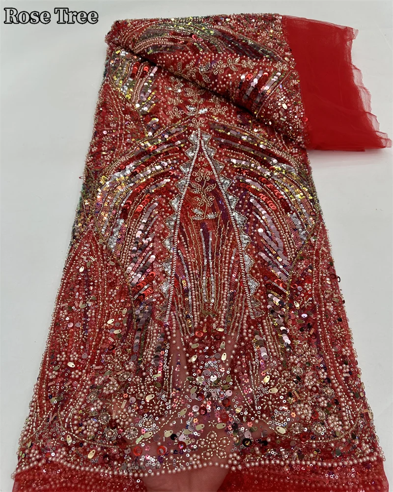 

Тяжелые бусины, африканский тюль, кружевная ткань 2024, нигерийское женское платье, Кружевная Ткань 5 ярдов, высококачественное кружево с блестками для шитья, свадьбы