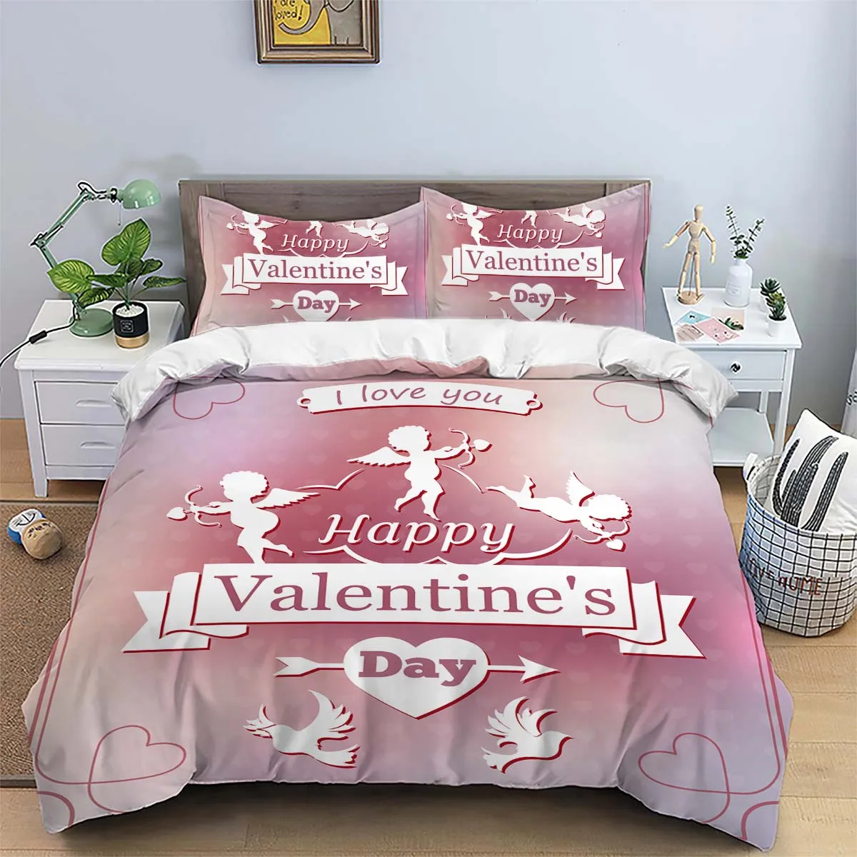 Juego de cama de poliéster mate de 3 piezas, agradable para la piel y cálido, cómodo, rosa degradado, Cupido, elementos de pareja