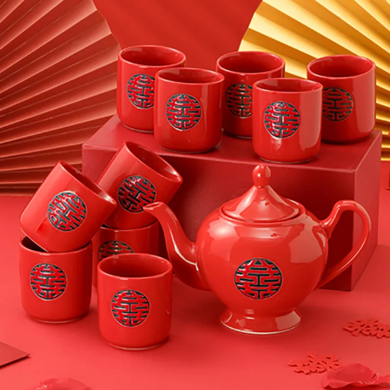 Chinese Wedding Teapot Set, Red Tea Pot, Cup Bowl, Ceramic Teaware, Exquisite Bride Souvenir Gift, Dowry, Marriage Celebration
