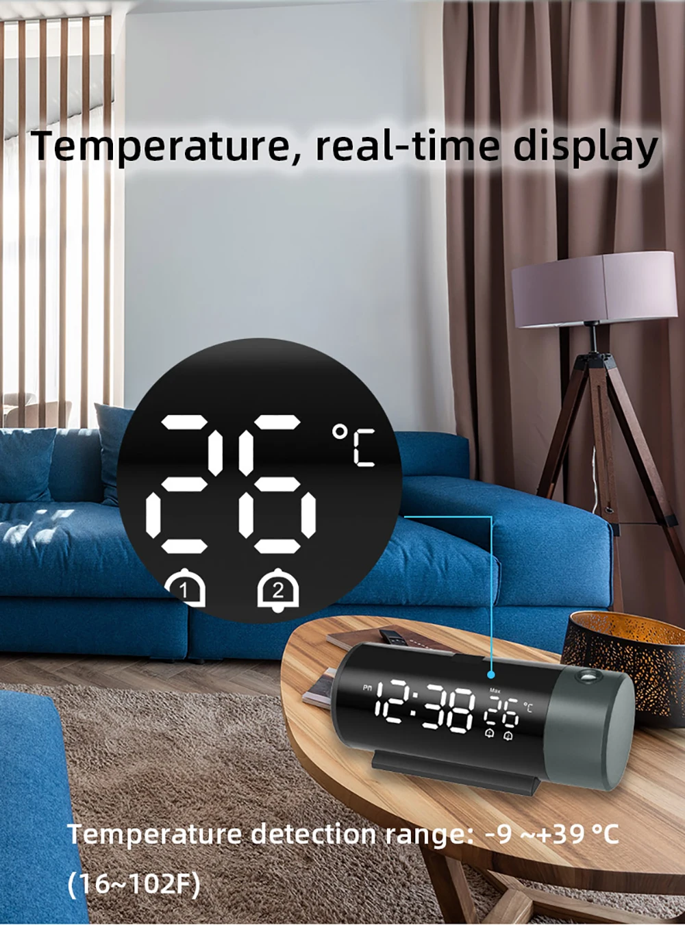 Projection Digital Alarm Clock with 180&deg; Rotatable Projector Clear LED Display 4-Level Brightness Dimmer for Bedroom