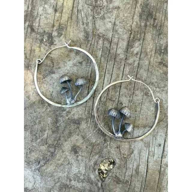 Vintage Silver Color Mushroom Round Fashion Earrings for Women Hoop Jewelry 1