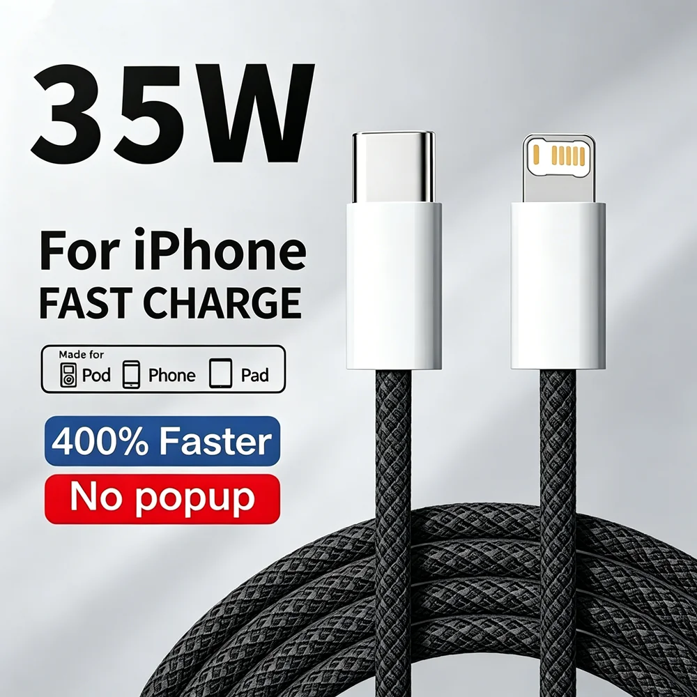 PD 35 Braided Wire Fast Charge Cable For iPhone 11 12 13 Mini 14 Pro X XR XS Max 7 8 Plus Rapid Charging USB-C Data Cable 1m 2m