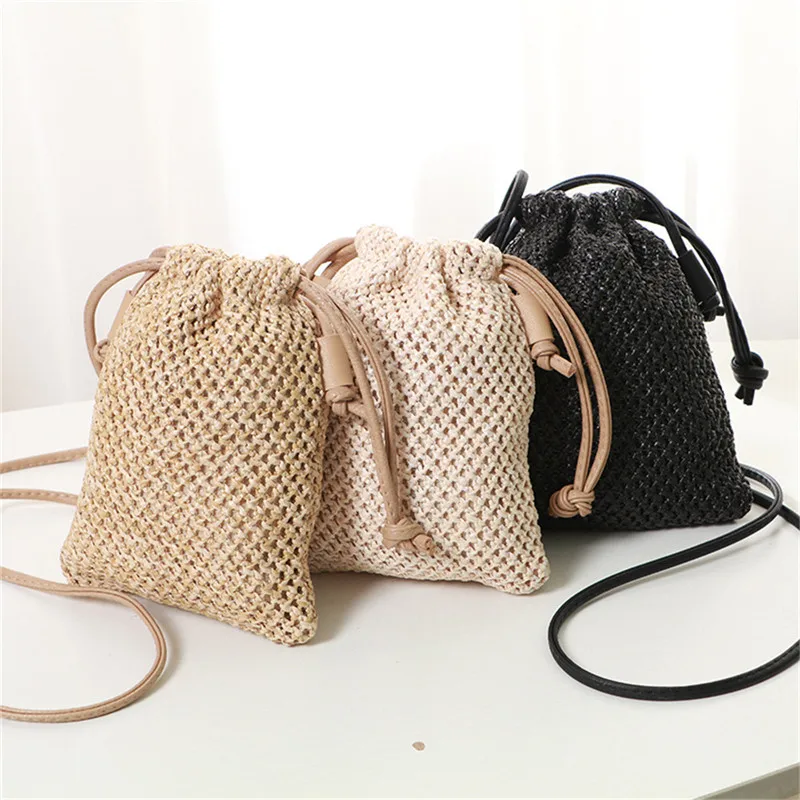 Women Straw Bag Retro Rattan Tote Handbag Woven Summer Beach Shoulder Bags Drawstring Bag Purses City Bag Sport Tote