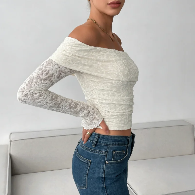 2026 New Fashion Spring and Summer One-Neck Women's Long Sleeve Top Retro Lace Embroidery Solid Color Office Casual Blouse