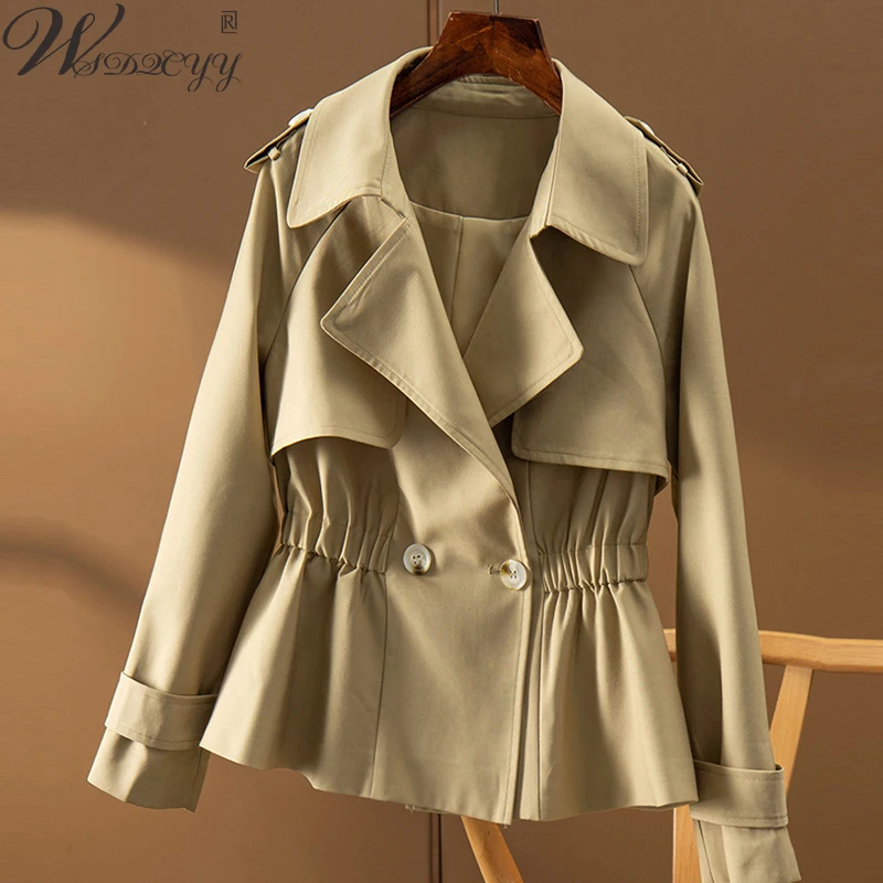 

Cropped Trench Coat Women Solid Color Slim Waist Double Breasted Bomber Jacket Korean Fashion Turn Down Collar Windbreaker M-4xl
