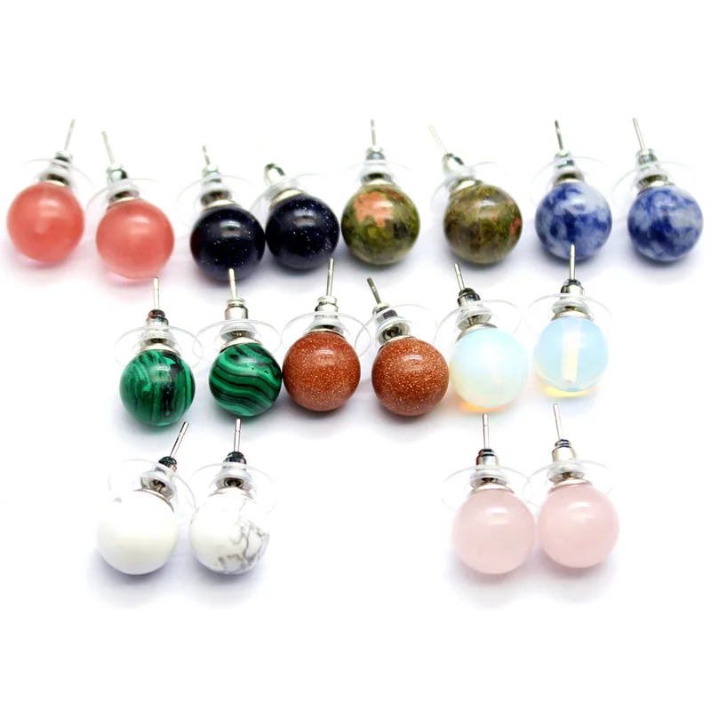 

10mm Natural stone Stud Earrings Healing Pink Crystal Quartz Round Ball Beads Ear Jewlry for Women