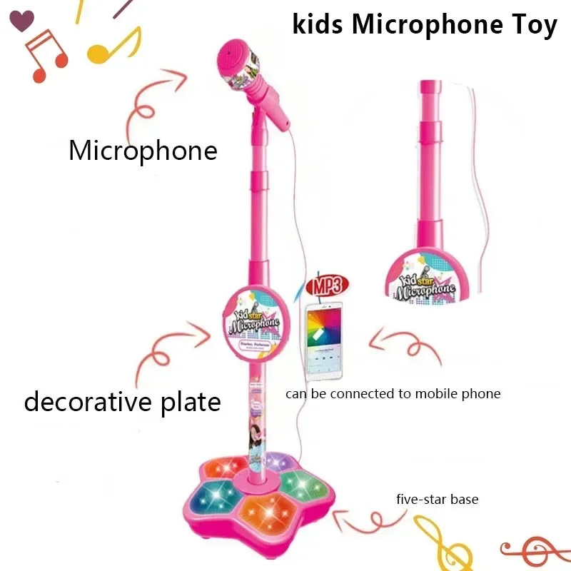 Kids Microphone with Stand Karaoke Song Vertical Mic Music Instrument Toys Brain-Training Educational Toy Birthday Gift Girl Boy
