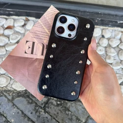 Luxury Leather Metal Rivets Round Bead Phone Case Bumper Cover Accessories - iPhone 15 (Black)