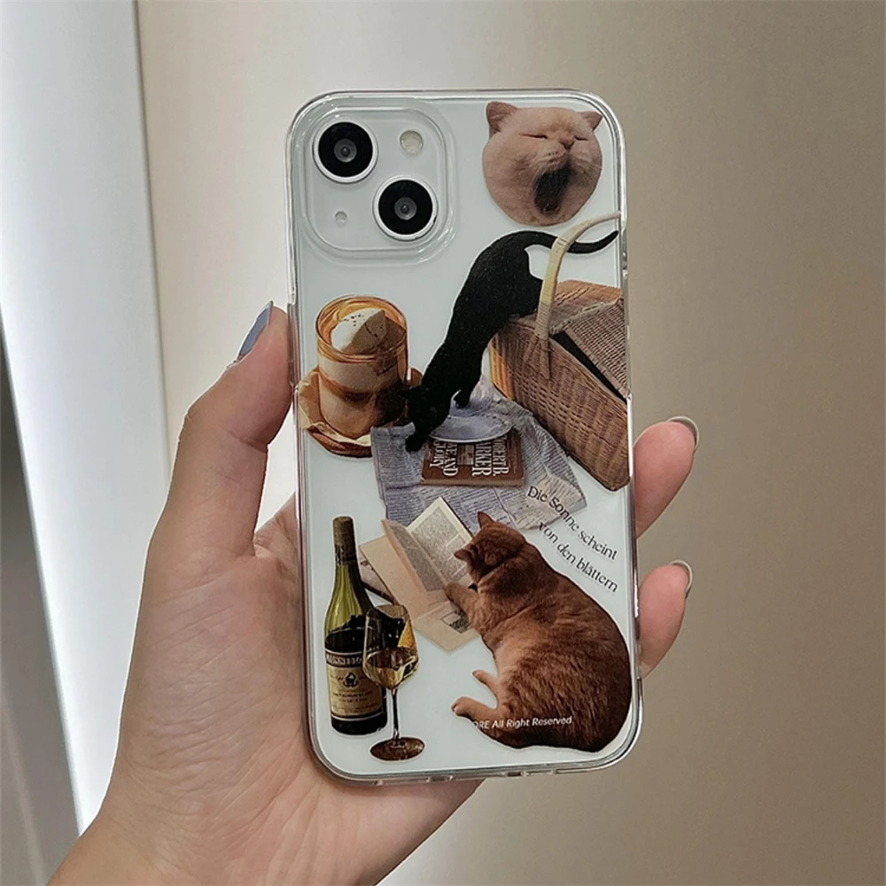 Ins корейский милый мультяшный чехол с кошкой яуном для IPhone 15 14 13 12 11 Pro Max X XS XR 7 8 SE прозрачный мягкий противоударный чехол