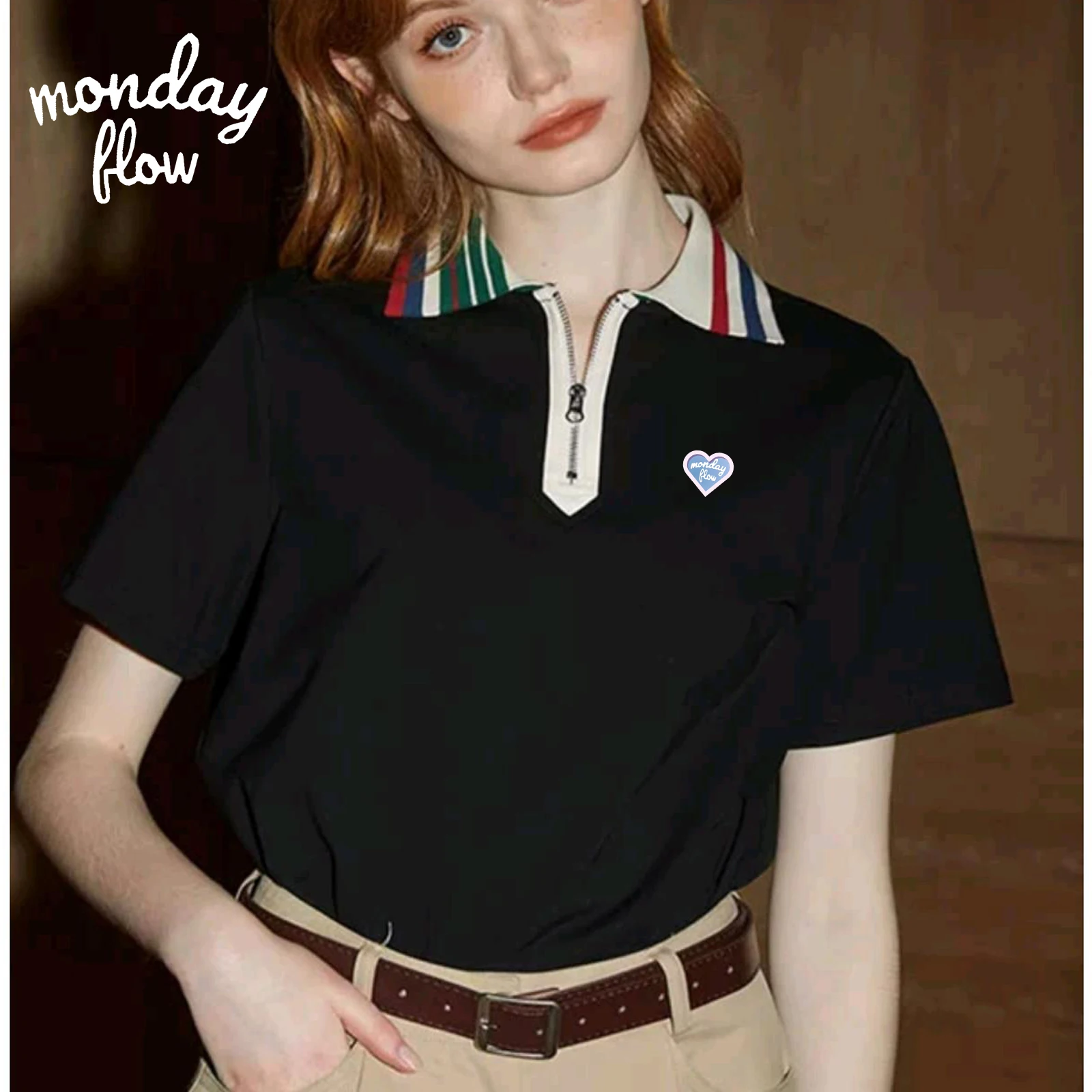 

Футболка-поло женская с коротким рукавом и молнией на спине