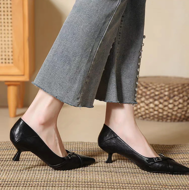 Aphixta Angola Red 4cm High Heel Pumps Sexy Belt Buckle Dec Woman Shoes Elegant Women Pumps Pointed Toe Patent Leather Shoes