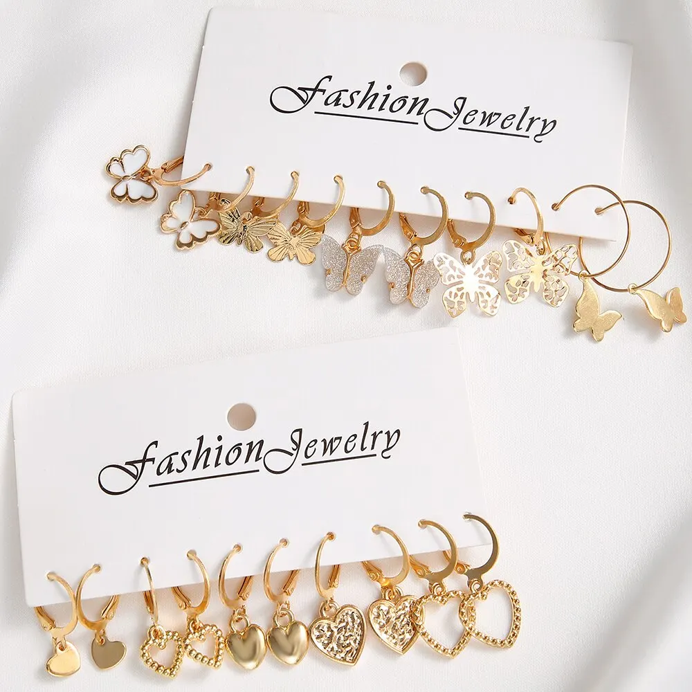 Butterfly Earrings 10pcs Women Earrings New Creative Simple Fashion Temperament Hollowed-out Butterfly Love Earrings Gold-color