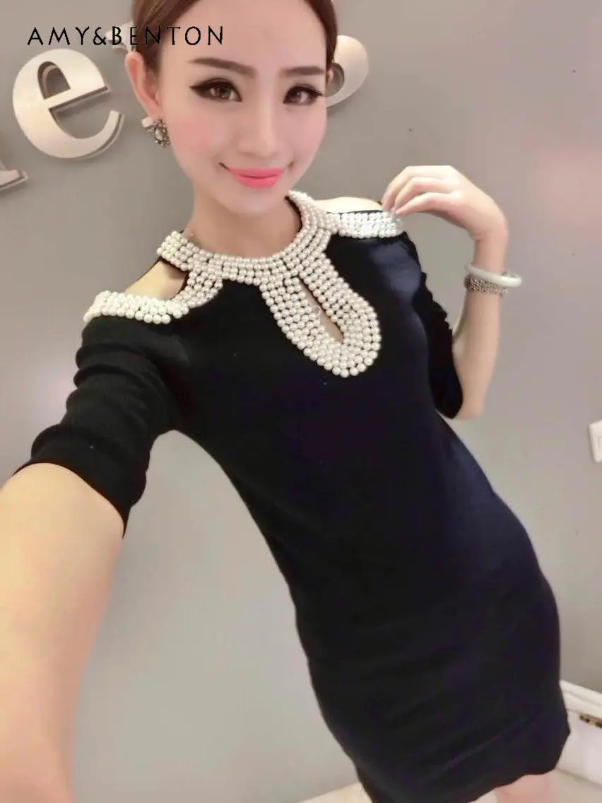 

Новинка, весенне-осеннее и зимнее платье большого размера для тяжелой промышленности, женское сексуальное платье с бусинами, приталенное черное Повседневное платье