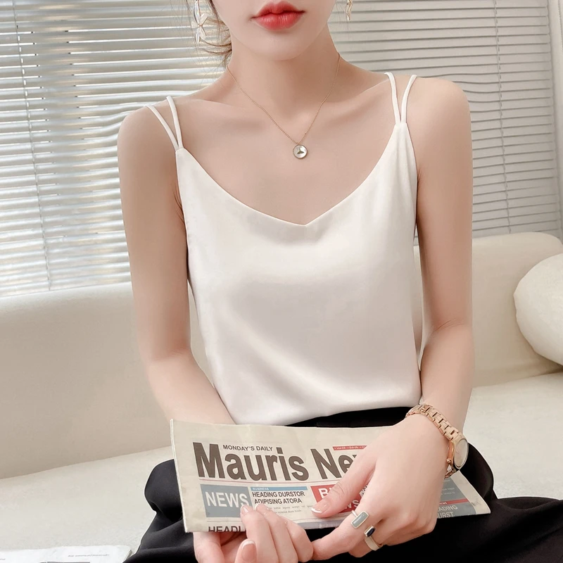

Silk Camisole Ladies New Satin Inner Loose Double Suspenders Thin Sleeveless Top Summer Outer Wear Mulberry Silk Solid Base Vest
