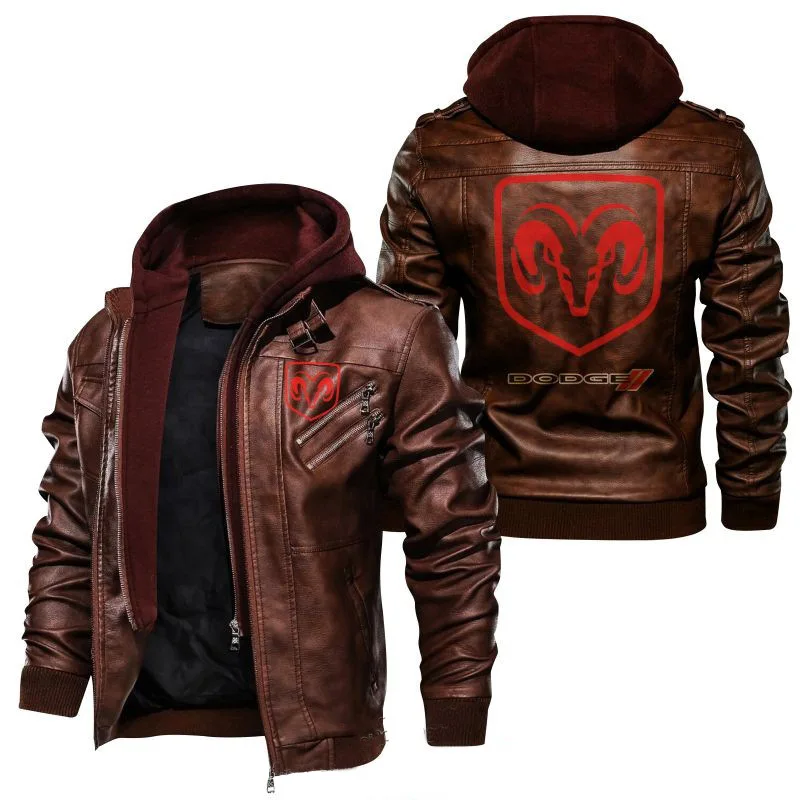 New Autumn Winter Leather Dodge Logo Men's Jacket Removable Hoodied Motorcycle Jacket Men Leather Mens Jackets 2