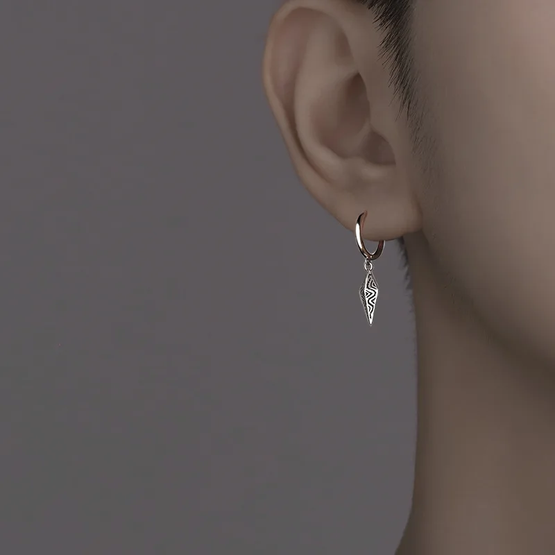 Vintage Geometry Pattern Cone Ear Buckle Boy Jewelry 925 Sterling Silver Earrings For Men Personality Hip Hop Party Accessories