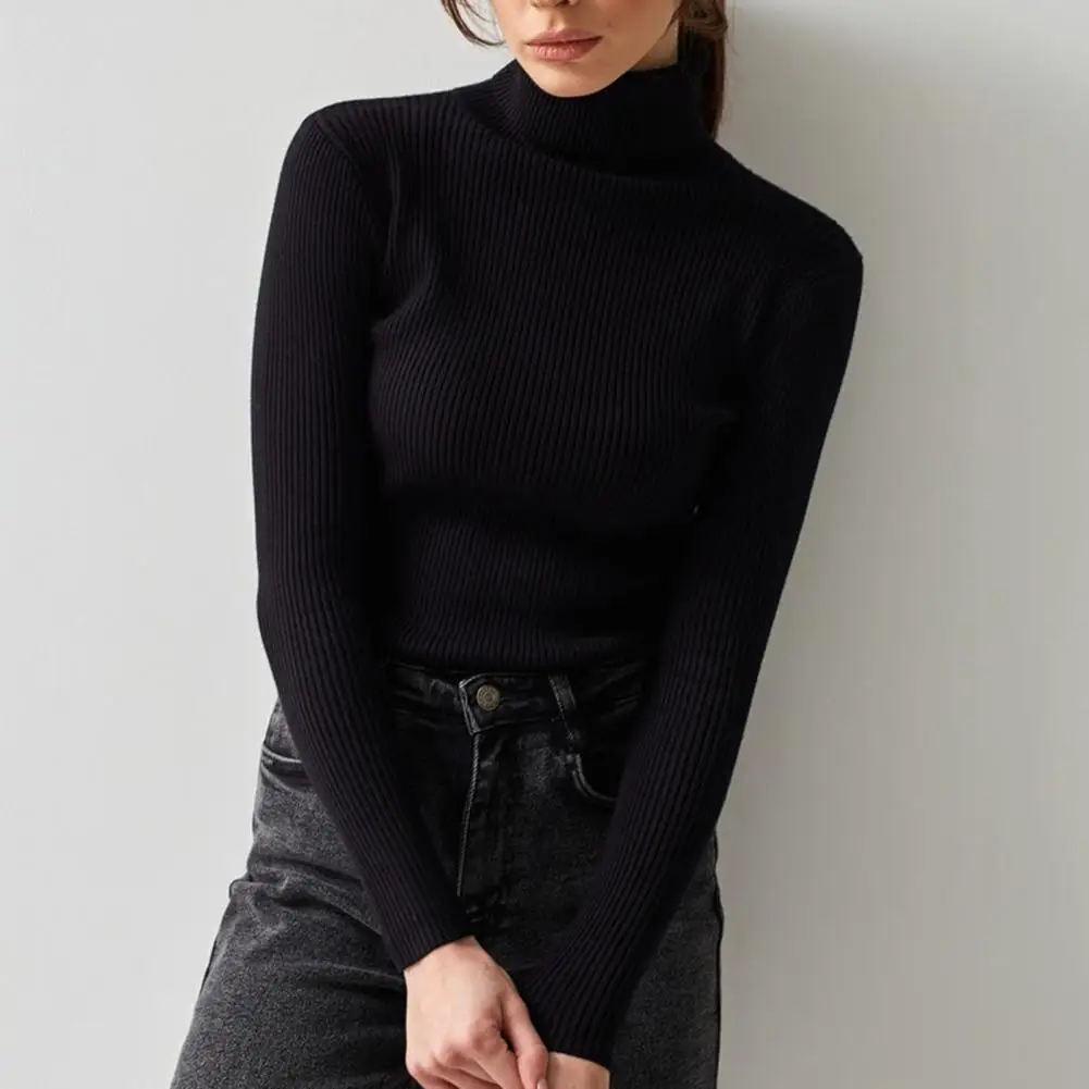 

Long Sleeve Bottoming Shirt Stylish Women's Ribbed Knit Turtleneck Pullover Slim Fit Long Sleeve Solid Color A Versatile