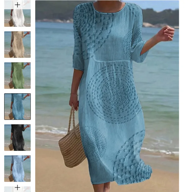 Spring Summer New Short-sleeved Casual Printed Dresses For Women's Retro Loose O Neck Female Small Fresh Holiday Robe Dress 2026