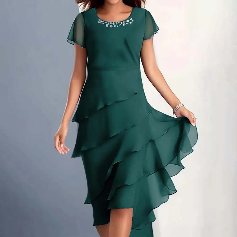 

Elegant Short Sleeve Dress Elegant Beaded Decor O-neck Midi Dress with Layered Cake Hem for Wedding Guests Parties Women's Flowy
