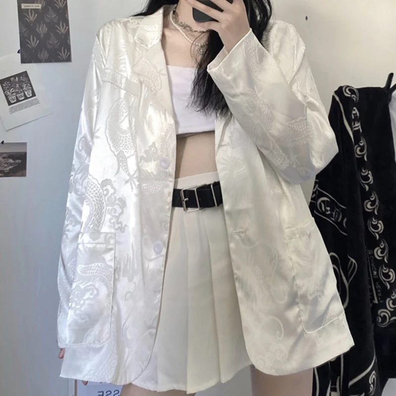 2023 New Blazer Women Korean Fashion Casual Gothic Vintage Dragon Jacket Retro Long Sleeve Thin Loose Blazers Coat Streetwear