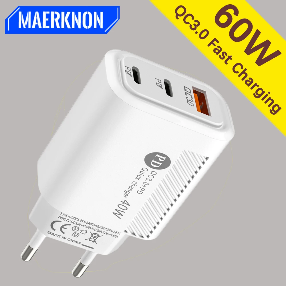 

60W Quick Charge Charger QC3.0 USB Type C PD Adapter For iPhone 13 12 Pro Xiaomi USB-C Fast Charging Travel Wall Phone Charger