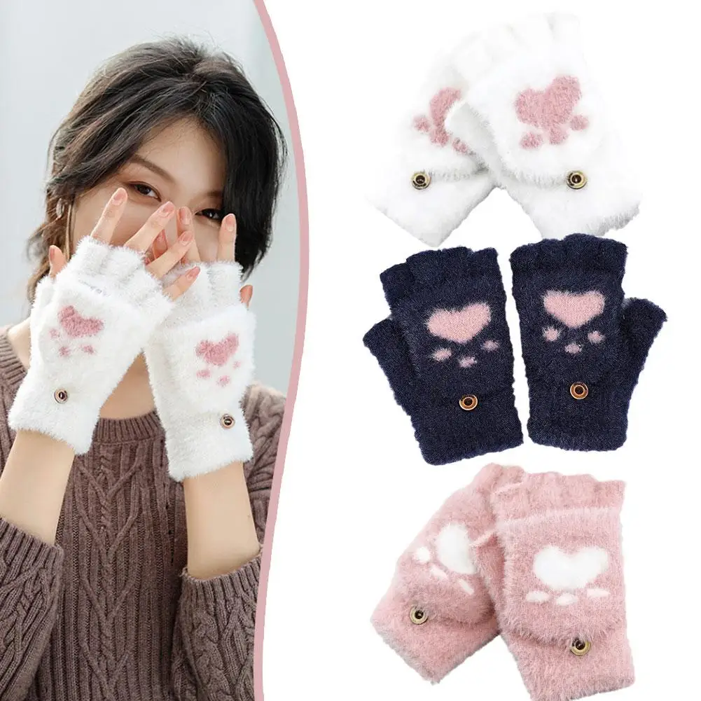 

Cute Cartoon Cat Claw Gloves Winter Warmth And Plush Thickening Women's Finger Gloves Half Flap Knitted Z4M1