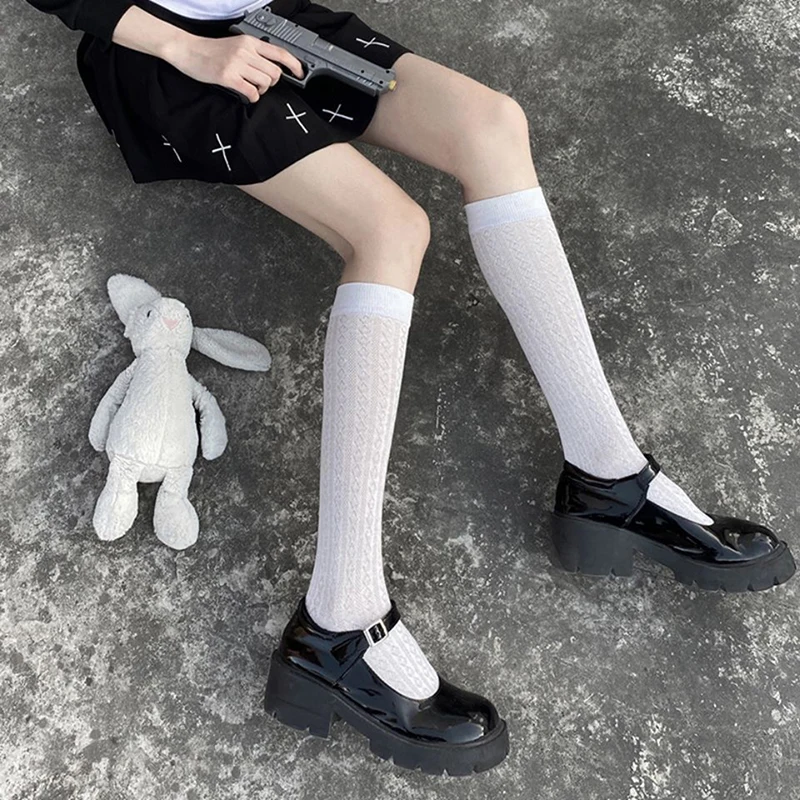 Japan Style High School Student Knee High Socks Long Solid Black White Summer Thin Woman JK Costumes Girls