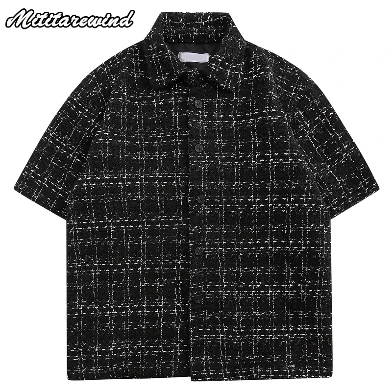 

Men's Fashion Couple Plaid Short Sleeve Shirts Ins High Street Black White Tops Youth Versatile Casual Loose Summer Coats