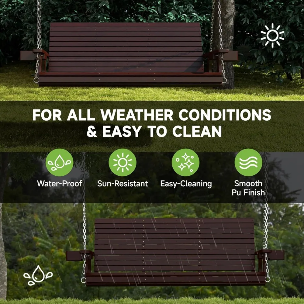 Front Porch Swing,  Wooden Upgraded 3 Person Seat Bench Swing Hanging Chair with Cup Holders 5