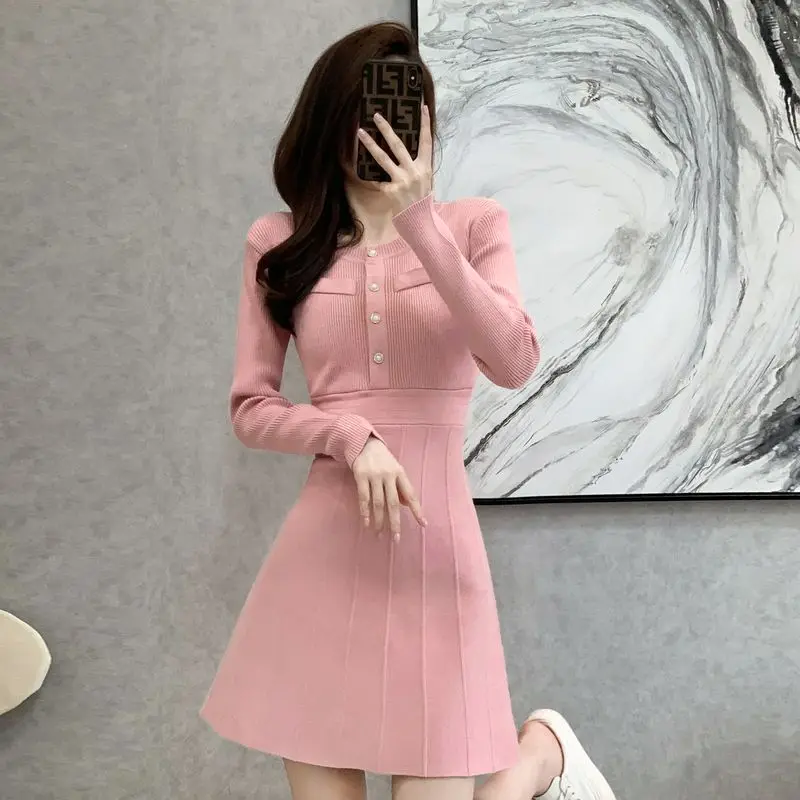 

Women Sweet Sweater Dress Korean Round Neck Long Sleeve Knitted A-Line Dresses Elegant Vestidos Autumn Winter Pullover U1470