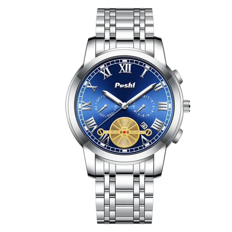 POSHI Men's Watch for Man Quartz Watches Male Wristwatch Luxury Waterproof Men Alloy Strap Date Business Clock