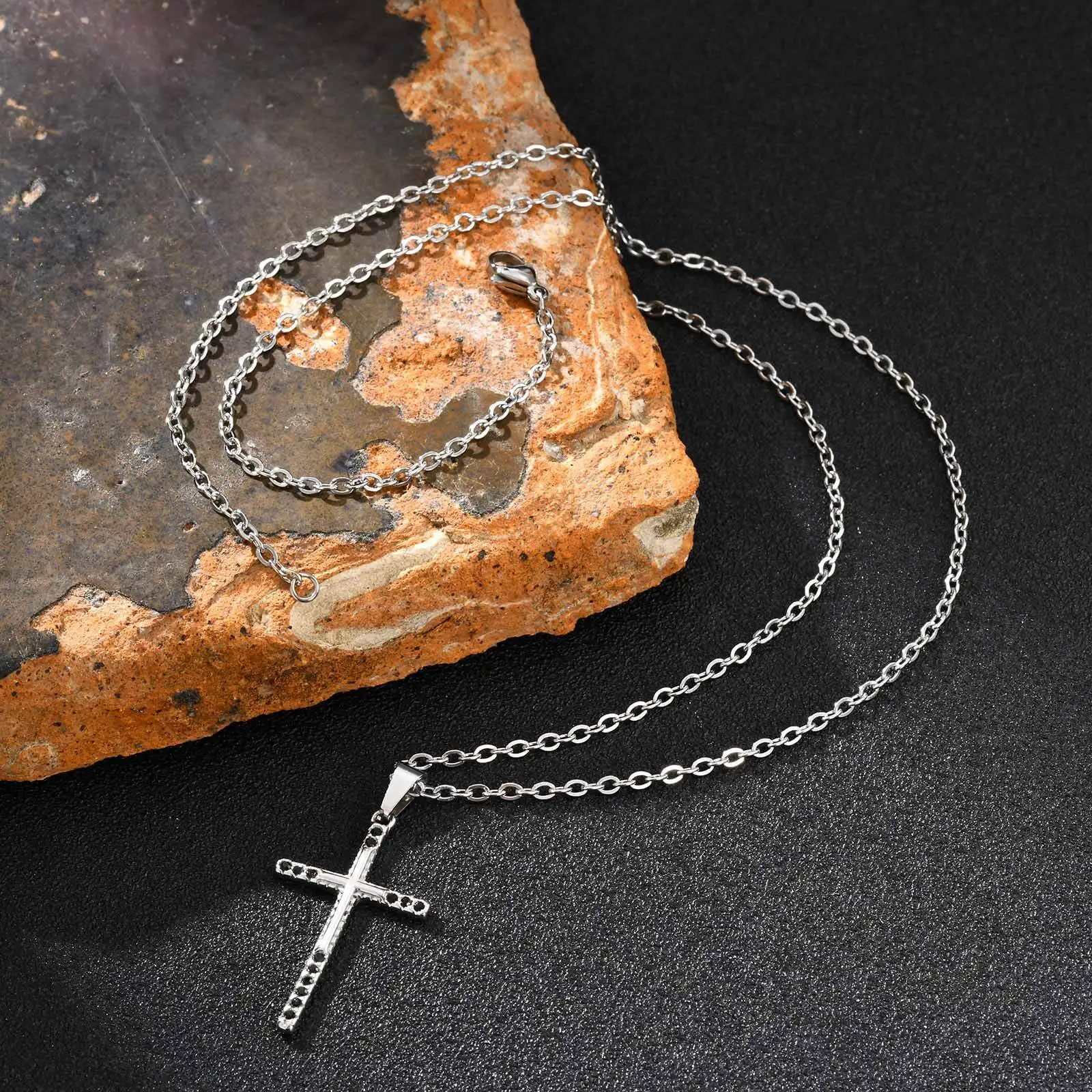 Minimalist Cross Necklace for Men Boys,Stainless Steel Black Crystal Zircon Cross Pendant,Gift for Husband Boyfriend Brother