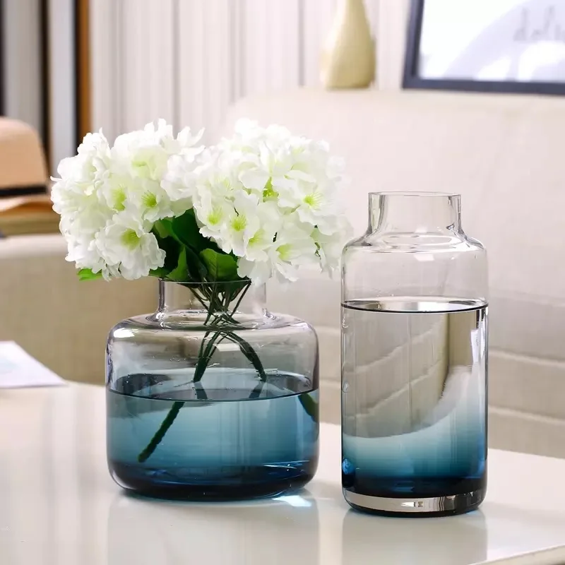 

European-style Gradient Blue-green Straight-body Closing Translucent Glass Vase Decoration Ornaments for Hall