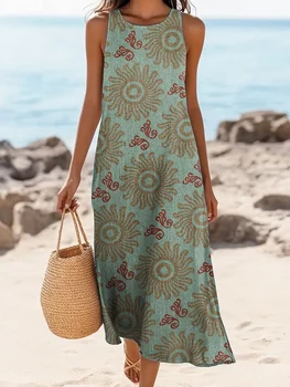 Bohemian Vacation Sunflower Ethnic Print Round Neck Dress Loose Vacation Long Dress Dopamine Dress Light Mature Maxi Dresses 1