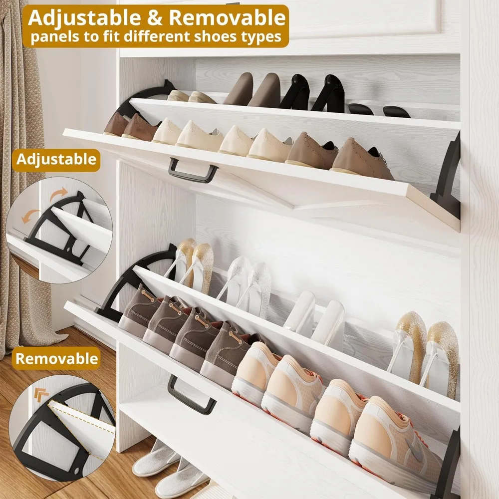 shoe storage cabinet with 2 flip drawers & barn door design, freestanding shoe cabinet organizer with drawer and shelves for en