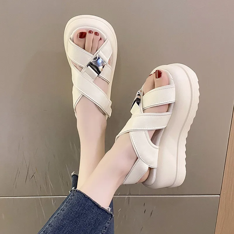 

Beige Heeled Sandals Cross 2023 Women's Muffins shoe Ladies Shoes Summer Clogs Wedge All-Match Increasing Height Black New Flat