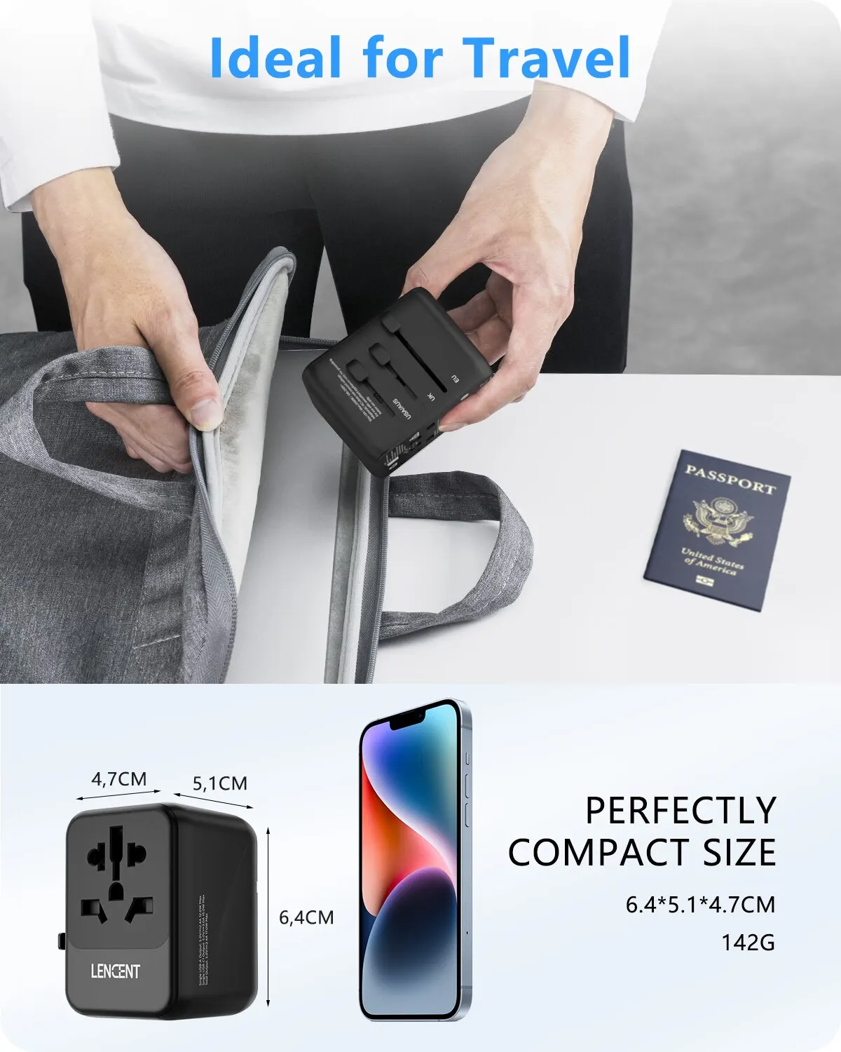 LENCENT Universal Travel Adapter with 3 USB Ports 1Type-C PD Charging All-in-one Travel Adapter EU/UK/USA/AUS Plug for Travel BEST SELLERS