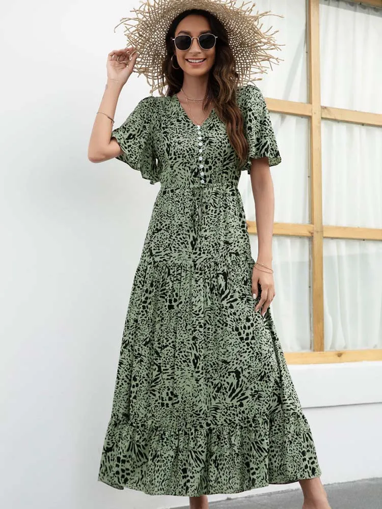 Женский сарафан с леопардовым принтом новое летнее платье макси V-образным
