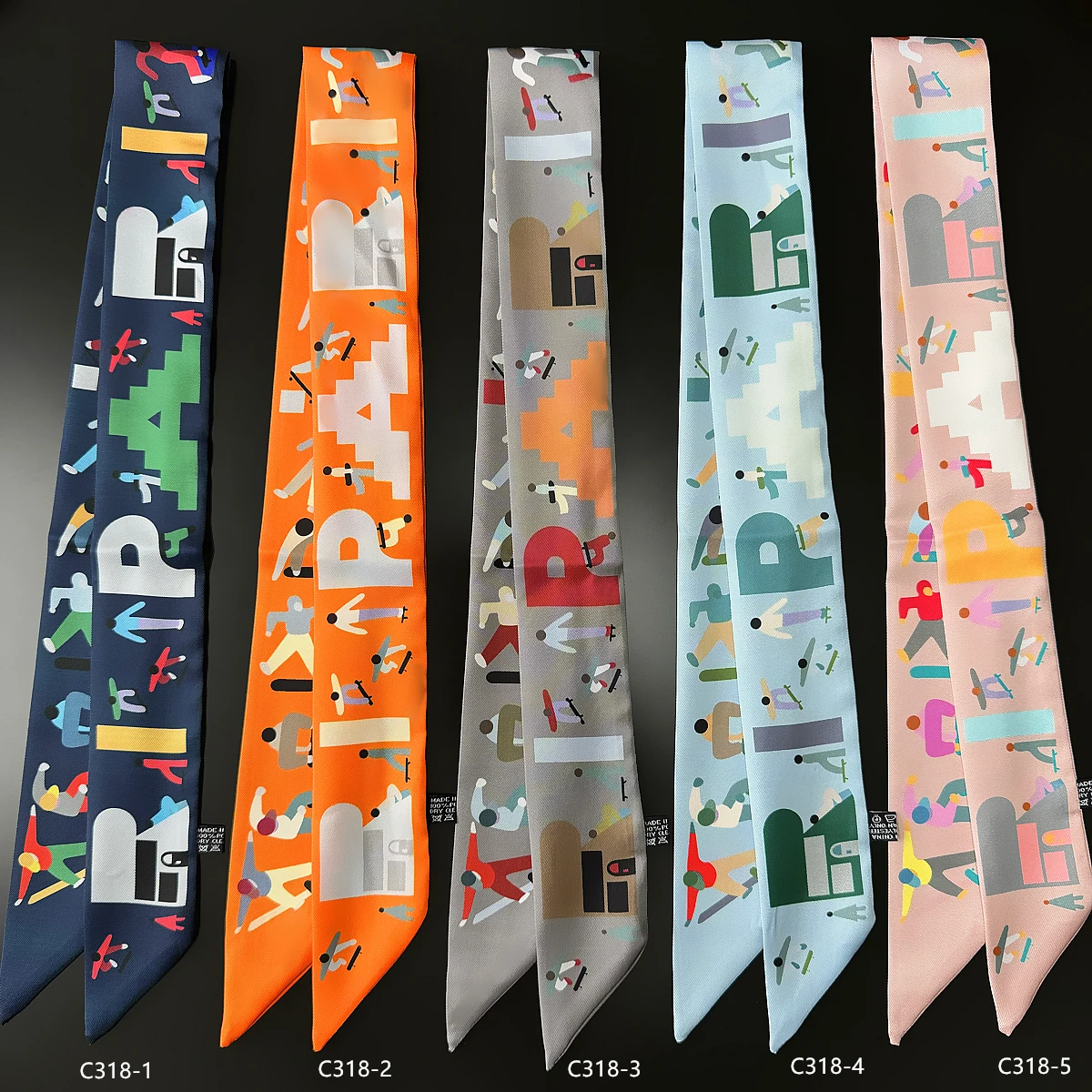 Skateboard Buchstaben Twill Seidenschal Frauen Luxus Dünne Tasche Schals Mode Schal Marke Design Halstuch Haar Stirnband – Detail 2