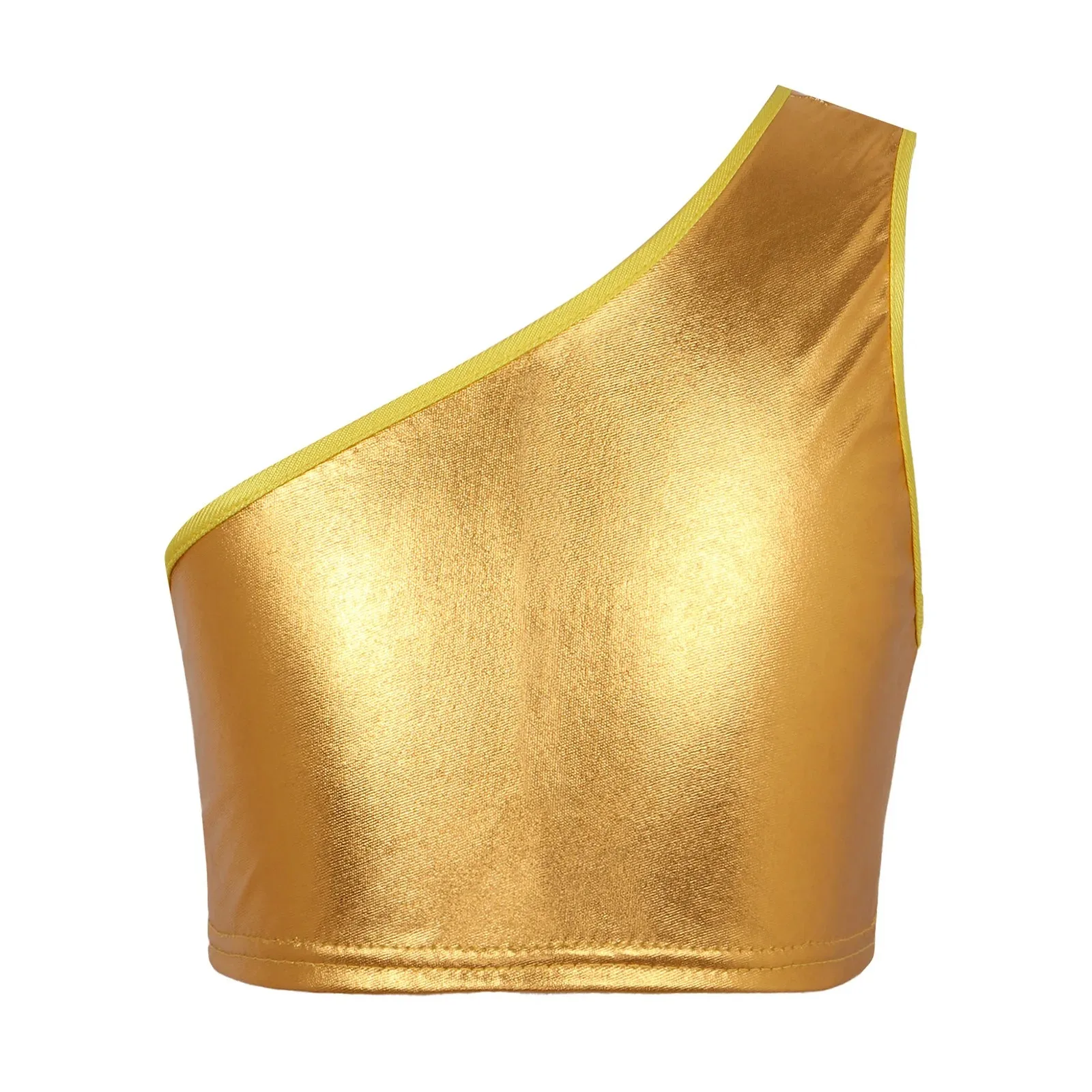 Kids Girls Boys Dance Performance Tops Single Shoulder Slant Shoulder Sleeveless Shiny Metallic Crop Vest Solid Color Costumes