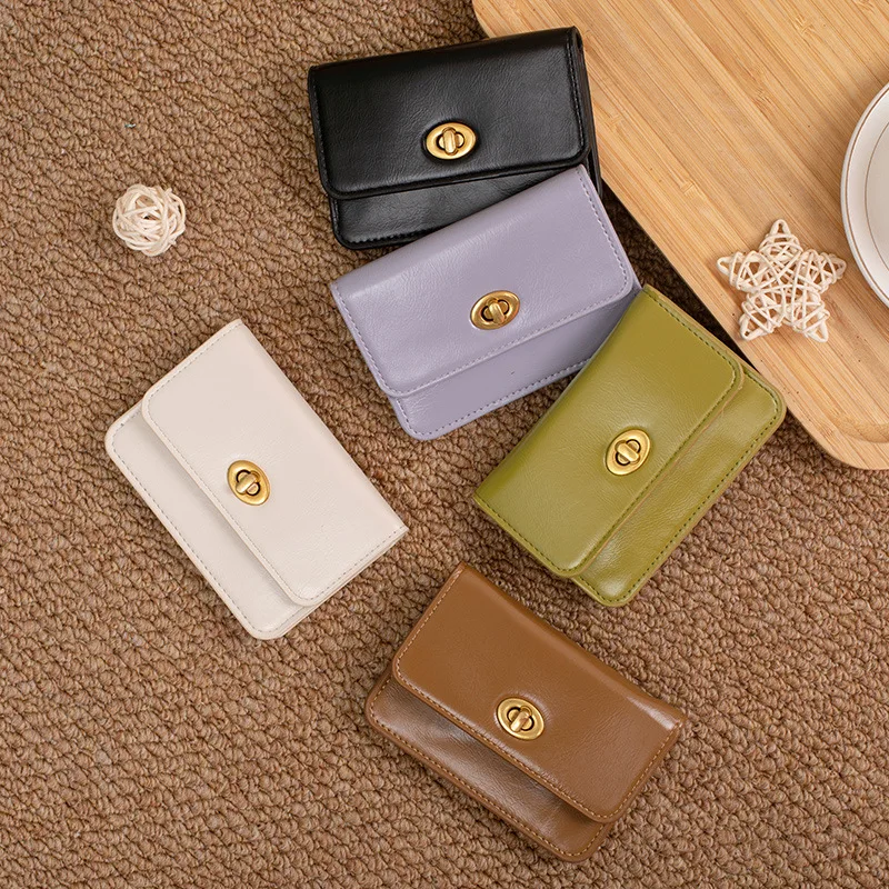 Retro Genuine Leather Credit Card Holder Luxury Fashion Initials Slim Women Wallet Engrave Letters Lock Flap Mini Purse leather wallet credit card holder women wallet card wallet coin purse wallet women purse women coin purse slim wallet