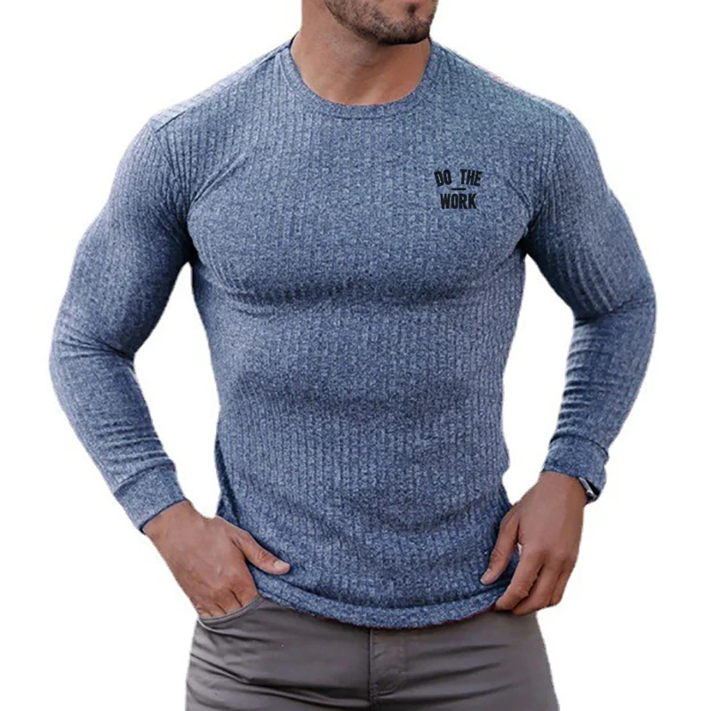 

Autumn Winter Sport Long Sleeved Mens Slim Fit Running T-shirt Gym Training Bodybuilding Fitness Knitted Stripes Bottoming Shirt