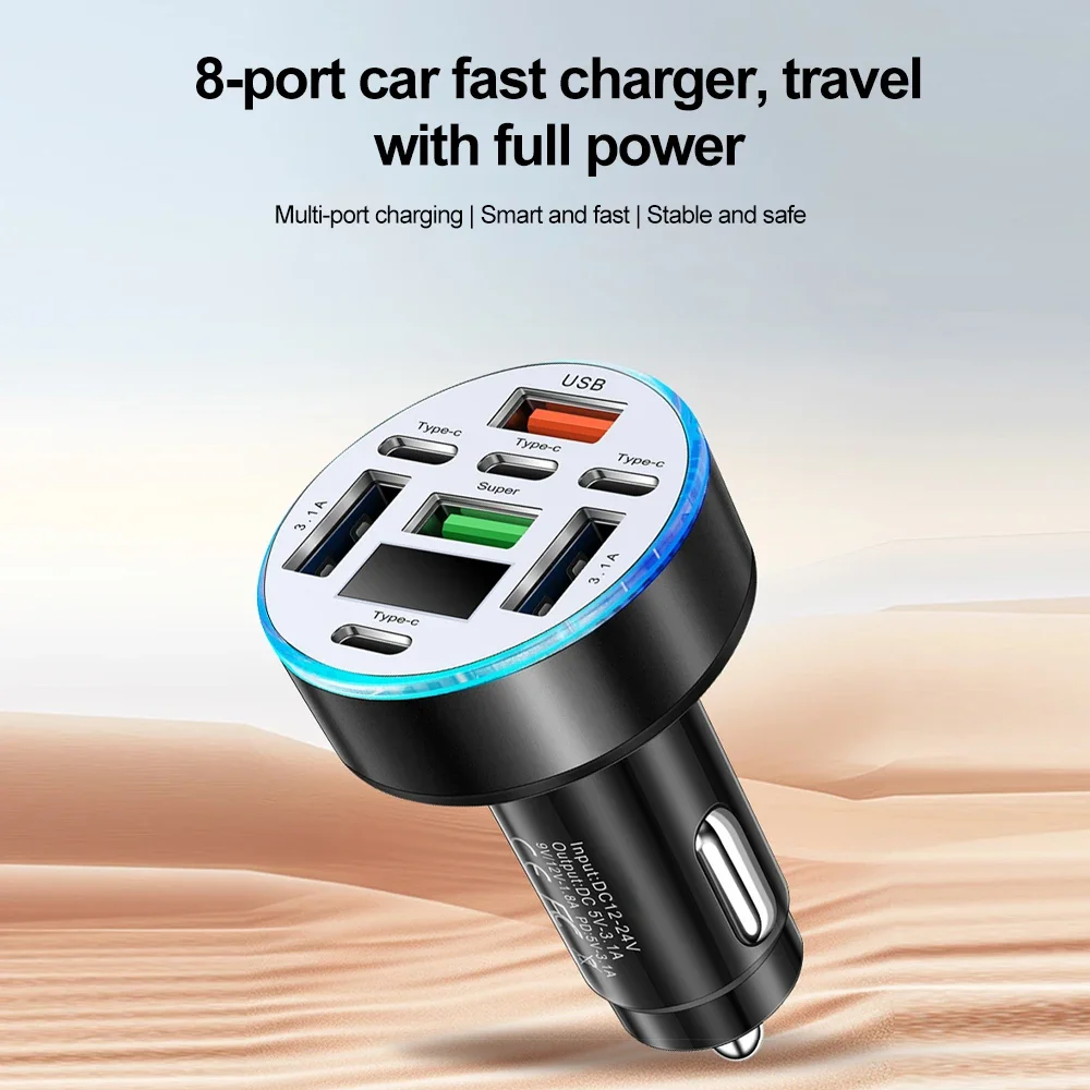 8-Port 66W LED Display Fast Car Charger with 4 USB & 4 Type-C Ports