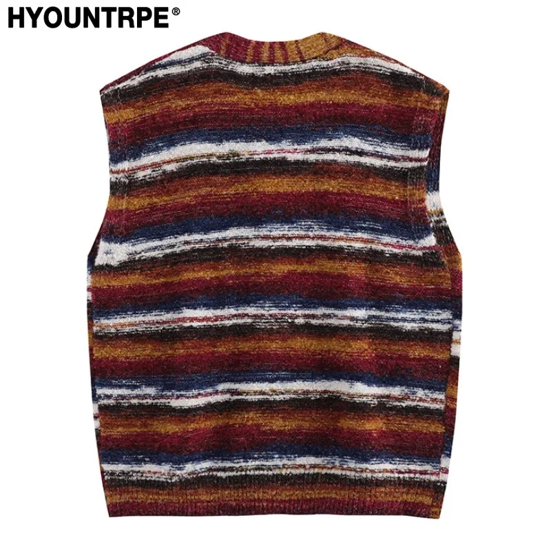 Fashion Colored Striped Knitted Vest Sweaters Unisex Harajuku Casual Single Breasted Vests Streetwear Sweater Jumper Knitwear