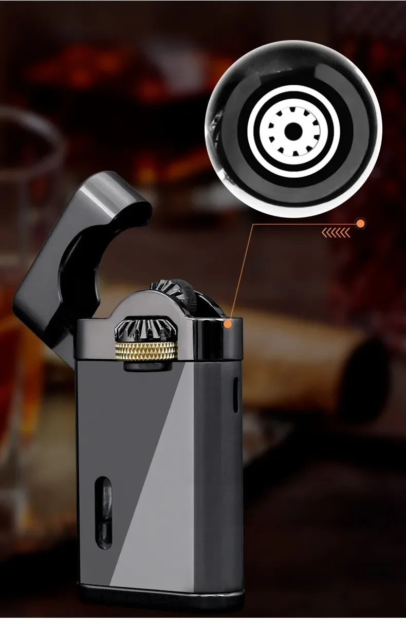 Description Picture 6 of item2025 JOBON Mechanical Metal Butane Gas Lighter Outdoor Windproof Gear Linkage Ignition Blue Flame Torch Portable Cigar Lighter