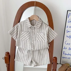 Baby clothes 0-5-year-old baby retro striped short sleeved sports set 2024 summer children's lapel shirt loosecasualtwo-pieceset