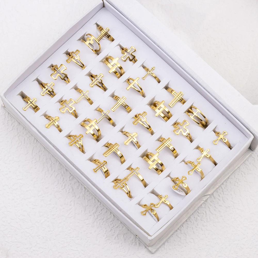 36Pcs/Lot Wholesale Stainless Steel Ring For Hollow Cross Jewelry Charms Finger Decoration Gift 6