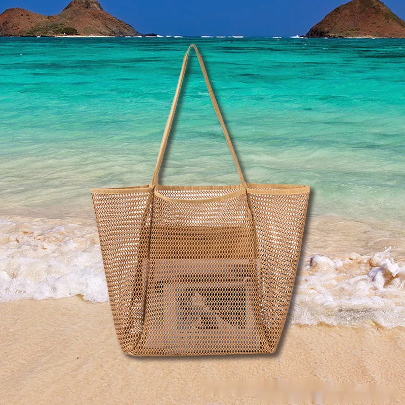 Grote capaciteit strandtas Buiten zwemnet Stoffen toilettas Douchebenodigdheden opbergtas Uitgeholde mesh schoudertas_voghion.com